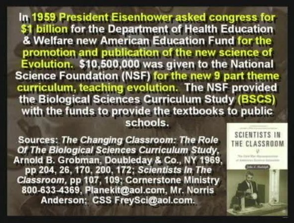Beslissing President Eisenhower in 1959 om de evolutietheorie via de schoolboeken te verbreiden met bronvermelding.